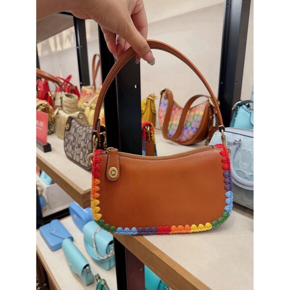 Coach Swinger Bag 20 With Rainbow Crochet Yarn Leather Handle Strap Zip Top NWT - Picture 9 of 11